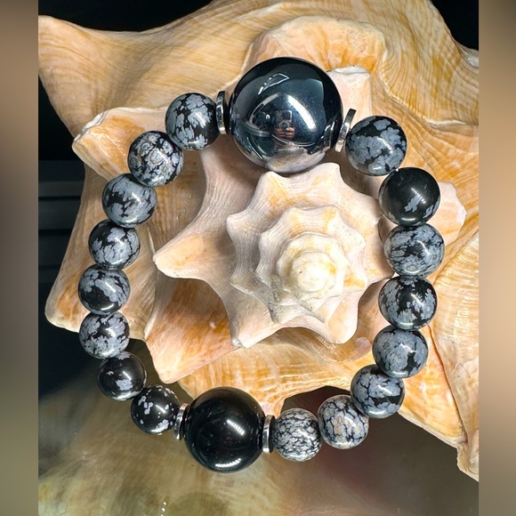 (JOEHANNA) TERAHERTZ + SNOW OBSIDIAN NATURAL STONES  BRACELET size 7” - Picture 1 of 10